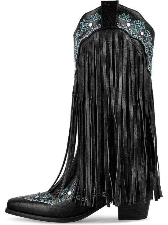 Shoes - Women's Black Fringe Mid Calf Boots with Rivets Embroidered